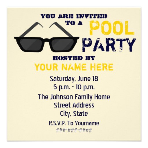 Pool Party Invitation - Black Sunglasses (front side)