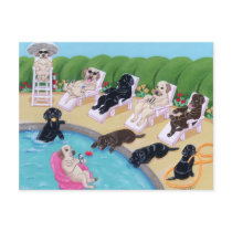 Pool Side Party Labradors Painting Postcard