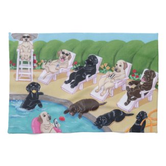 Poolside Party Labradors Painting Hand Towels