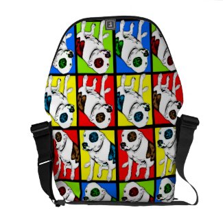 Pop Art Pit Bull Courier Bags This colorful Pop Art design is sure to add a color pop to any room. Yellow, red, green and blue is the background of this whimsical design. A colorful cartoon image of a handsome Pit Bull (American Staffordshire Terrier) is at the center of each square. 