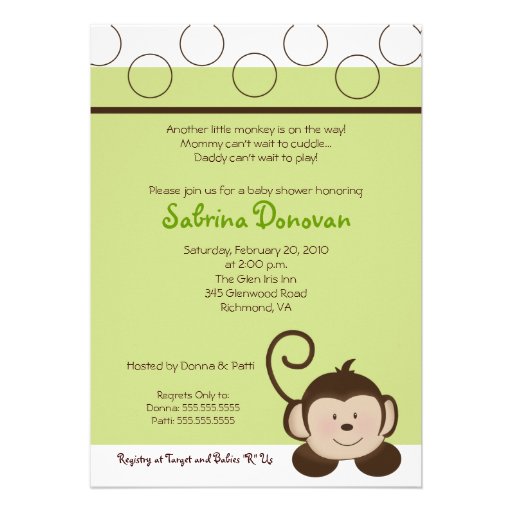 POP MONKEY 5x7 Green Neutral BABY SHOWER Custom Announcements