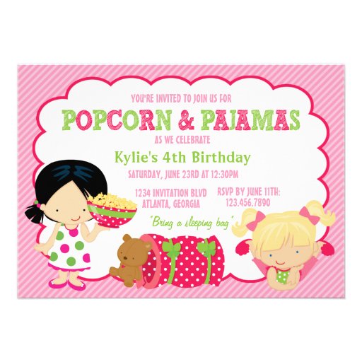 Popcorn and Pajamas Sleepover Party Custom Invites (front side)