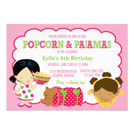 Popcorn and Pajamas Sleepover Party Invite (front side)