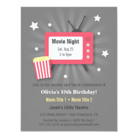 Popcorn Movie Night Birthday Party Invitations