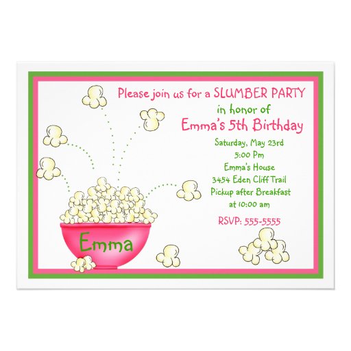 Popcorn Slumber Party Invitations (front side)