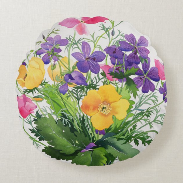 Poppies and Geraniums Round Pillow