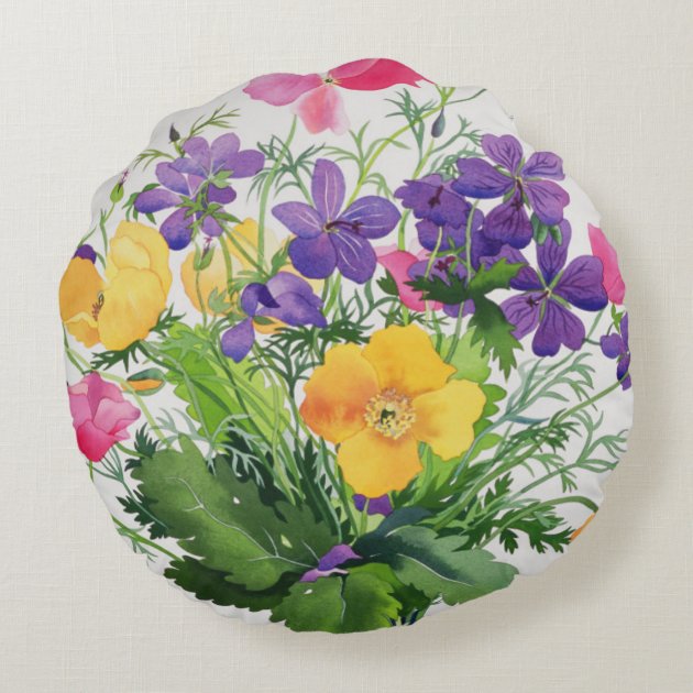 Poppies and Geraniums Round Pillow