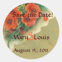 Poppies Memories and French Script Save the Date Round Stickers