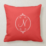 Poppy Red and White Ornate Monogram pillows