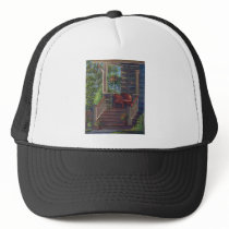 Porch with Red Wicker Chairs hats