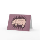 postcard - Pork cuts chart with descriptions by the gourmand. Happy cartoon-ish pig on a burst background, with dotted line sections. T-shirts, sweats, mugs, bags, gifts.