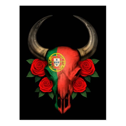 Portuguese Flag Bull Skull with Red Roses Postcard Zazzle