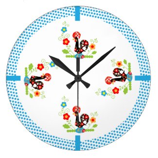 Portuguese Rooster Blue Dots Wall Clock