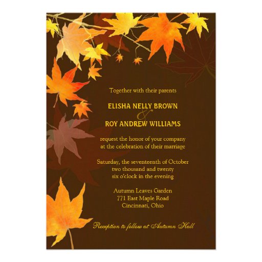 Posh Autumn Brown Maple Leaves Wedding Invitations