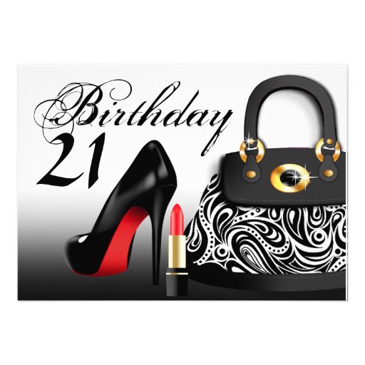 Posh Purse, High Heels and Lipstick 21st Birthday Custom Announcements (front side)
