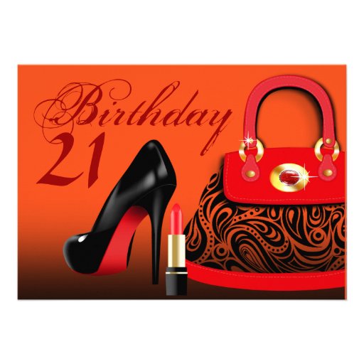 Posh Purse, High Heels and Lipstick 21st Birthday Custom Invitation (front side)
