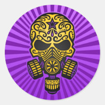 Post Apocalyptic Sugar Skull, yellow and purple Round Sticker