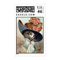 postage stamp cat in hat w roses