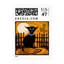 Postage Stamp - Halloween Black Cat - Orange