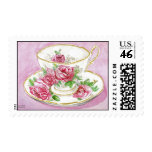 Postage Stamp - Pink Floral Rose Teacup & Saucer