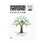 Postage stamp: Swirly heart tree with planet earth
