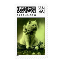 postage stamp turkish angora cat & roses