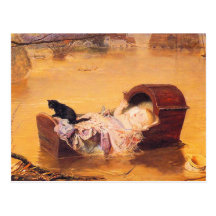 Postcard:  A Flood - with baby and cat