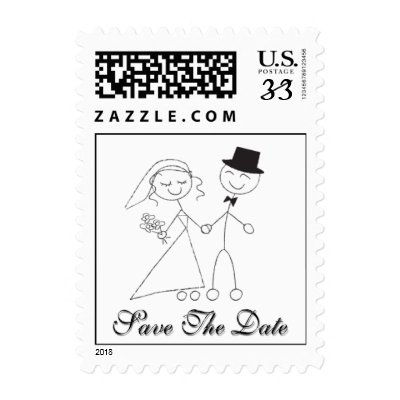 Postcard Cartoon Bride & Groom  Save The Date Postage Stamp