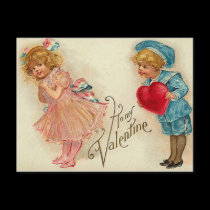 Postcard - old-fashioned valentine girl boy heart postcards
