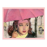 Postcard Retro Rainy Day shower & a Pink Umbrella