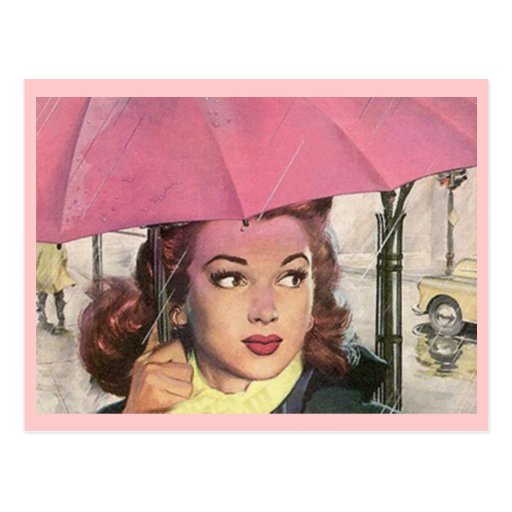 Postcard Retro Rainy Day shower & a Pink Umbrella