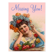 Postcard Vintage Missing You! Pretty Rose Lady postcards