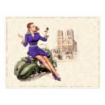 Postcard with Vintage Girl On Her Motorbike