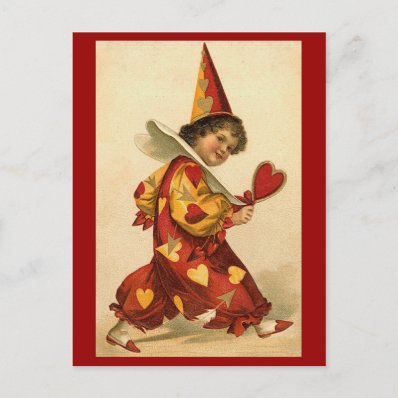 Postcards - Valentine clown hearts harlequin