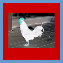 Poster- abstract white rooster, blue comb on Red posters