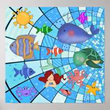 Poster Kids Underwater Sea Life Mermaid Fish
