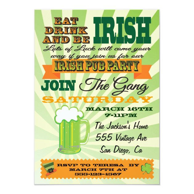 Poster Style St. Patrick's Day Party Pub Party 5x7 Paper Invitation Card