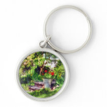 Pot of Geraniums Near Steps keychains