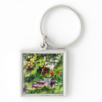 Pot of Geraniums Near Steps keychains