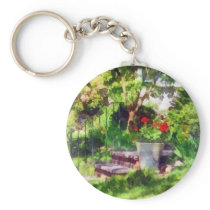 Pot of Geraniums Near Steps keychains