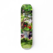 Pot of Geraniums Near Steps Skate Board