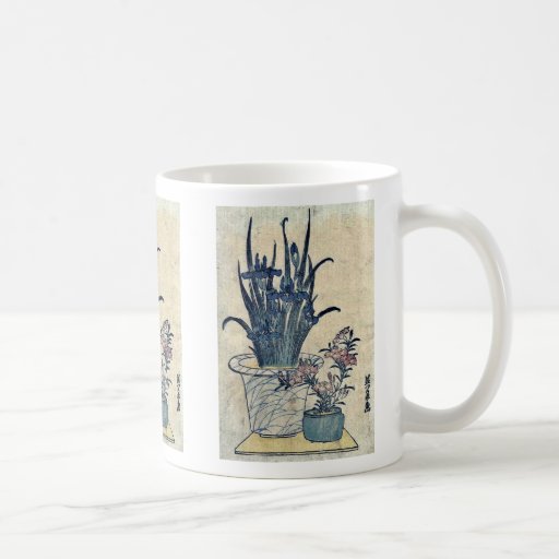 Potted irises and pinks by Ikeda, Eisen Ukiyoe Mug
