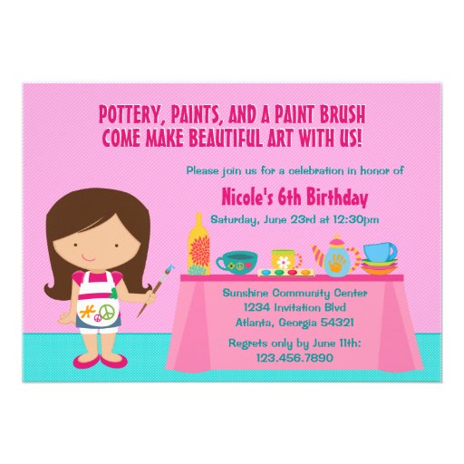 Pottery Painting Arts and Crafts Birthday Party Personalized Invites