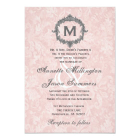 Powder Pink Damask Silver Vintage Monogram Wedding 5x7 Paper Invitation Card