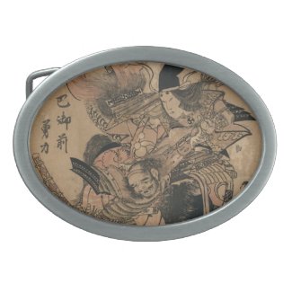 Powerful Female Samurai Defeating Male Samurai Oval Belt Buckles