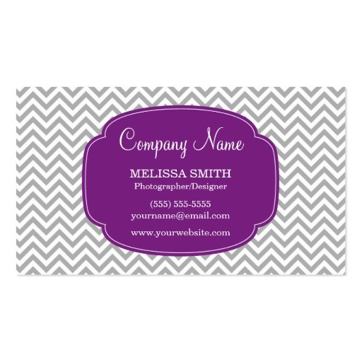 Preppy Gray Purple Chevron Pattern Business Card Template (front side)