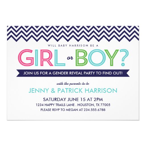 Preppy Modern Chevron Baby Gender Reveal Party Personalized Announcement (front side)