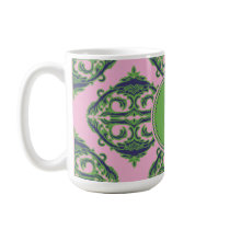 Preppy Pale Pink, Green & Blue Damask Coffee Mugs