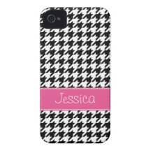 Preppy Pink and Black Houndstooth Personalized iPhone 4 Covers