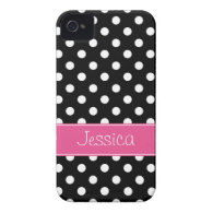 Preppy Pink and Black Polka Dots Personalized iPhone 4 Cover